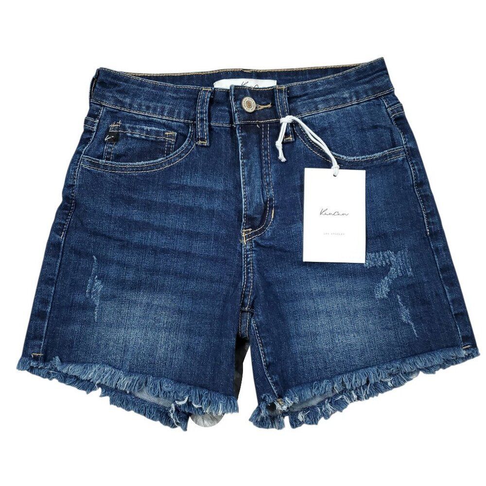 Kancan Dark Wash Blue High Rise Fray Hem Jean Denim Shorts Size 0 23 Stretch